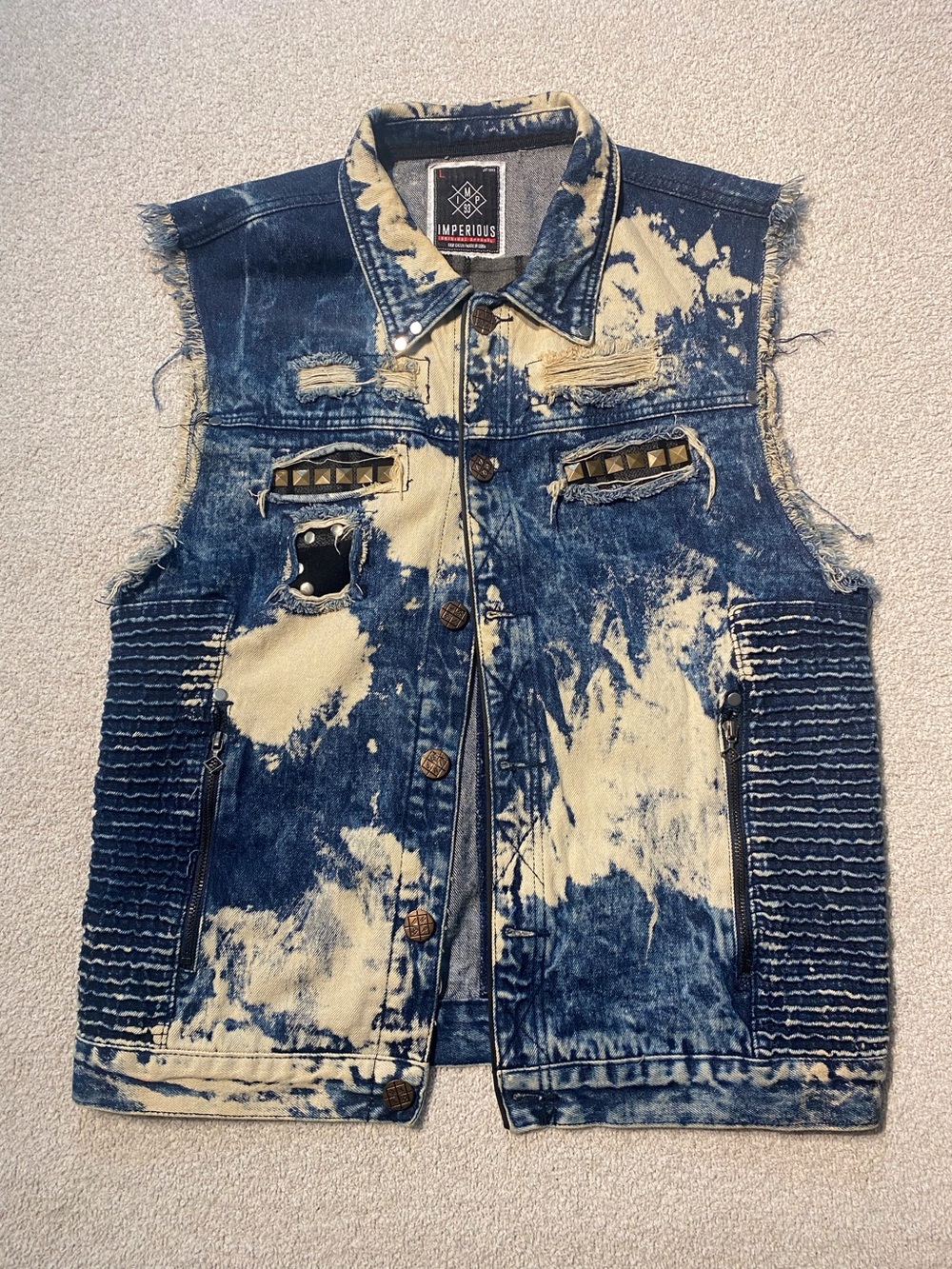 Imperious Acid Wash Denim Vest L Mens Biker Studded Sleeveless Jean Jacket